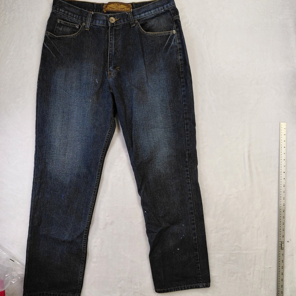 Raw State Mens Dark Wash Straight Leg Embroidered Jeans 38x32 Blue Cotton